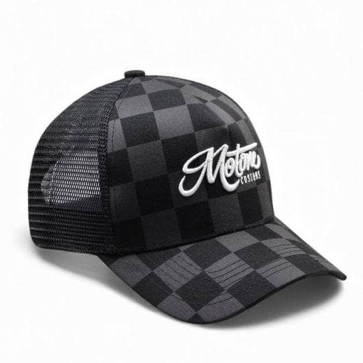 Motone BIG CHECK Trucker Cap  - Curved Peak - Black & Grey Checks - White Logo