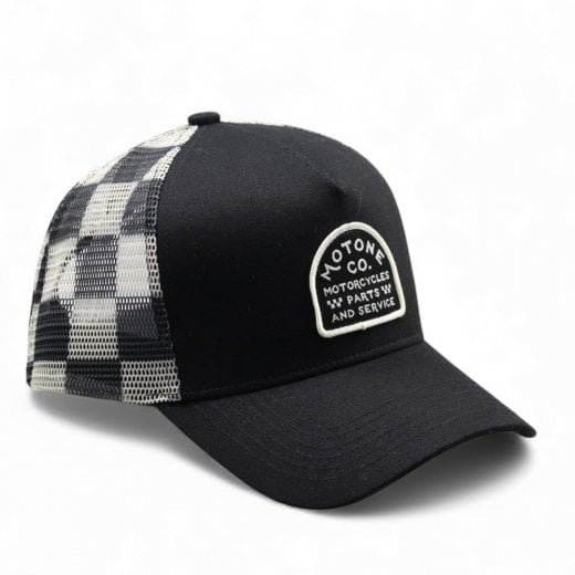 Motone BUFFALOW Trucker Cap - Curved Peak - Black 5-Panel - Buffalo Check Rear Mesh