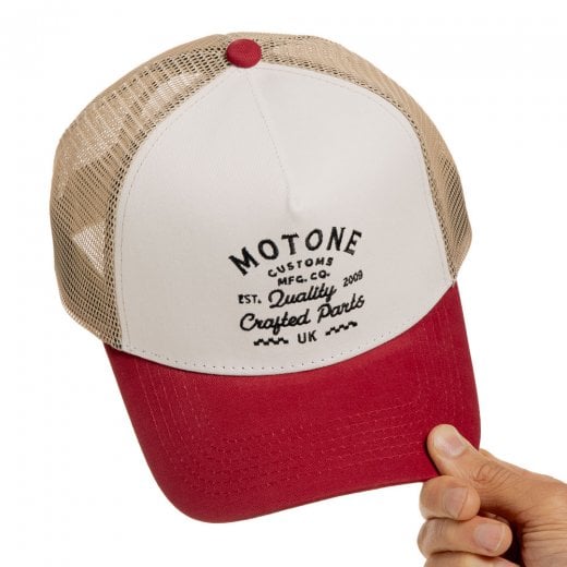 Motone CRAFTY Trucker Cap - Curved Washed Cotton Red Peak - Ecru Mesh -  White Cotton Panel