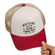 CRAFTY Trucker Cap - Curved Washed Cotton Red Peak - Ecru Mesh -  White Cotton Panel