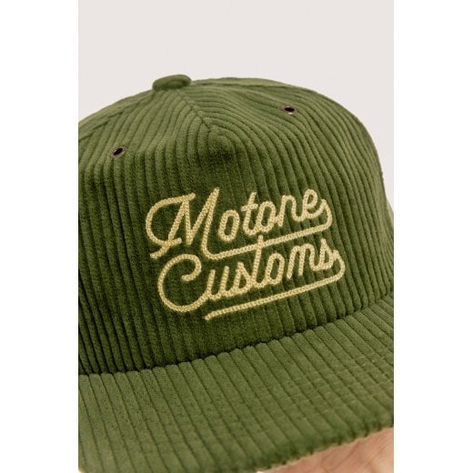 Motone FASTLANE Corduroy Cap - Flat Peak - Olive & Gold - Chainstitch Logo