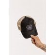 Motone GARAGEGOALS Trucker Cap - Curved Peak - Black Suede - Ecru Garage Bobber Graphic