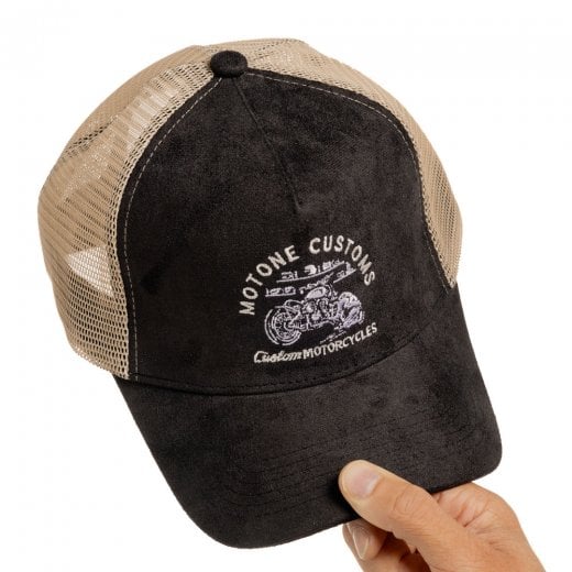 Motone GARAGEGOALS Trucker Cap - Curved Peak - Black Suede - Ecru Garage Bobber Graphic