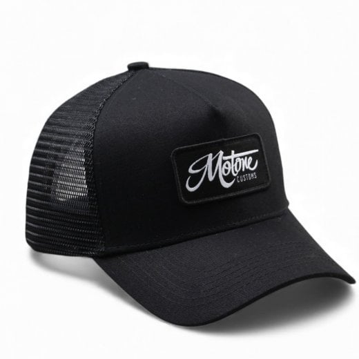 Motone ID-PATCH Trucker Cap - Curved Peak - Black Cotton - White on Black Logo Patch