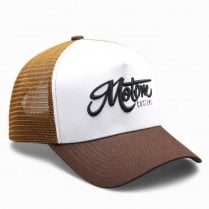 CREME BRULEE Trucker Cap - Curved Peak - White Cotton Panel / Brown  - Black Logo