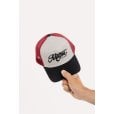Motone RON BURGUNDY Trucker Cap - Curved Peak - Grey Cotton Panel / Red Mesh - Black Logo