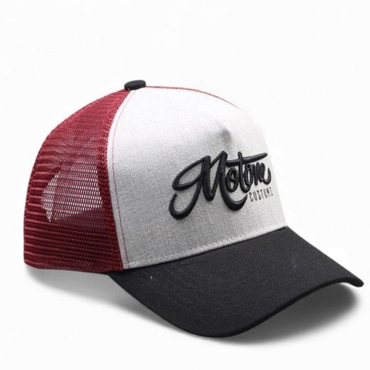 Motone RON BURGUNDY Trucker Cap - Curved Peak - Grey Cotton Panel / Red Mesh - Black Logo