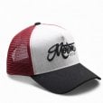 Motone RON BURGUNDY Trucker Cap - Curved Peak - Grey Cotton Panel / Red Mesh - Black Logo