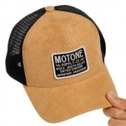 SANDDUNE Trucker Cap - Curved Peak - Black Mesh -  Custom Patch on Sand Suede Panel