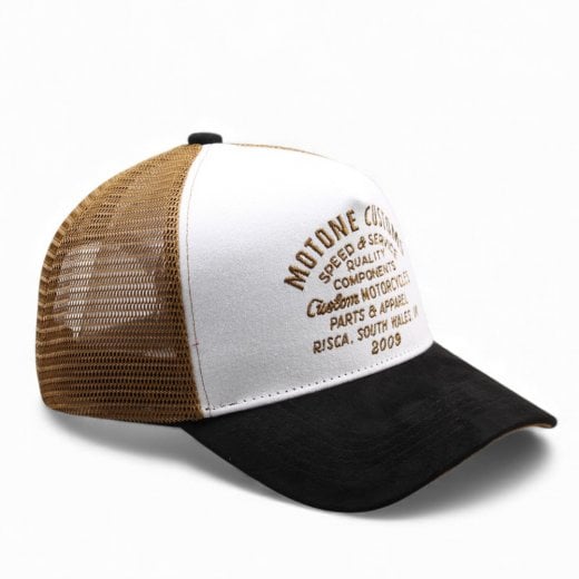 Motone WORDSALAD Trucker Cap - Curved Peak - Copper Suede + Black & White
